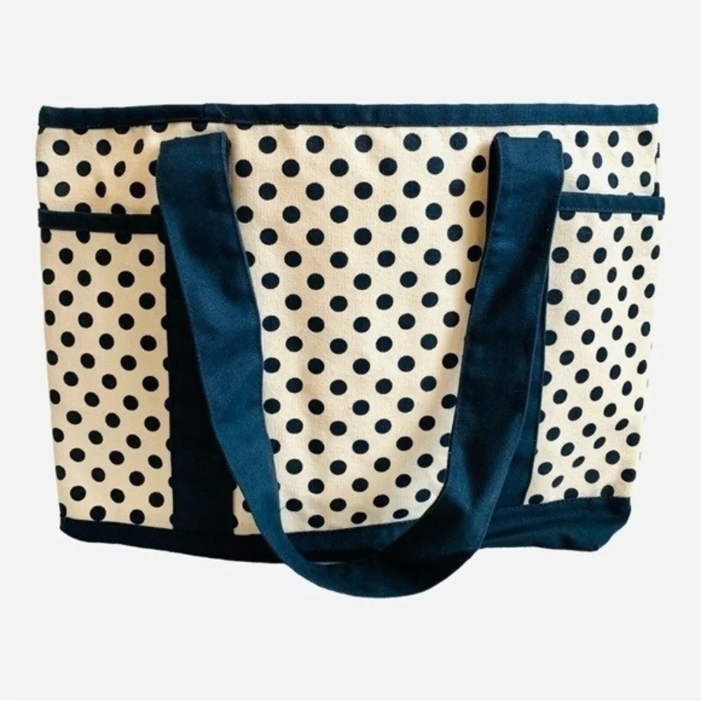 Blue White Polka Dot Cotton Tote Bag Shopping Travel Beach Shoulder Handbag